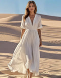 Sofia™ | Women's Deep V-Neck Flowy Maxi Dress – Elastic Waist Short Sleeve Summer Dress oaklynwear