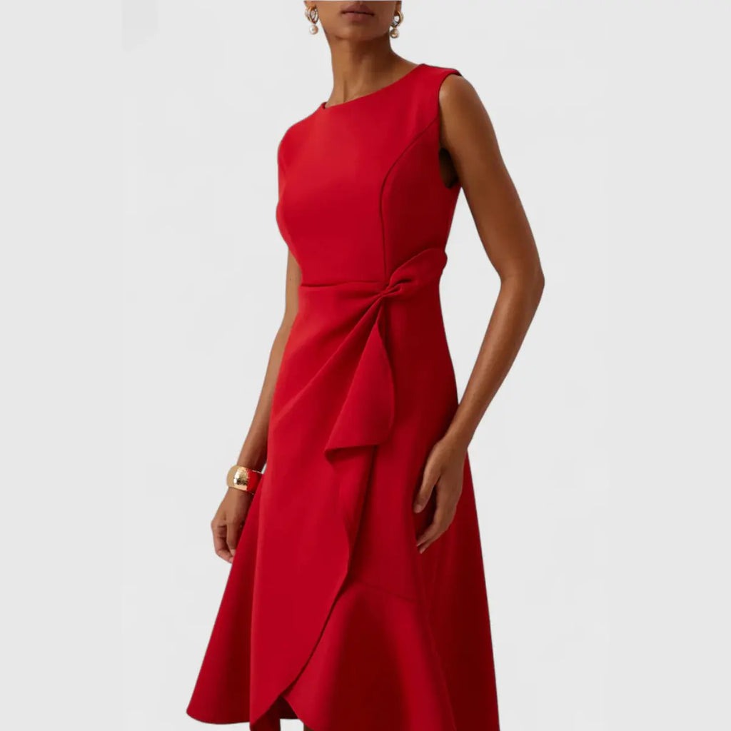 Oaklyn Asymmetric Ruffle Midi Dress – Boat Neck Sleeveless Formal Elegance oaklynwear