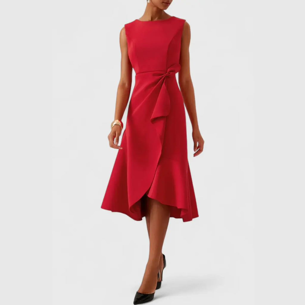 Oaklyn Asymmetric Ruffle Midi Dress – Boat Neck Sleeveless Formal Elegance oaklynwear