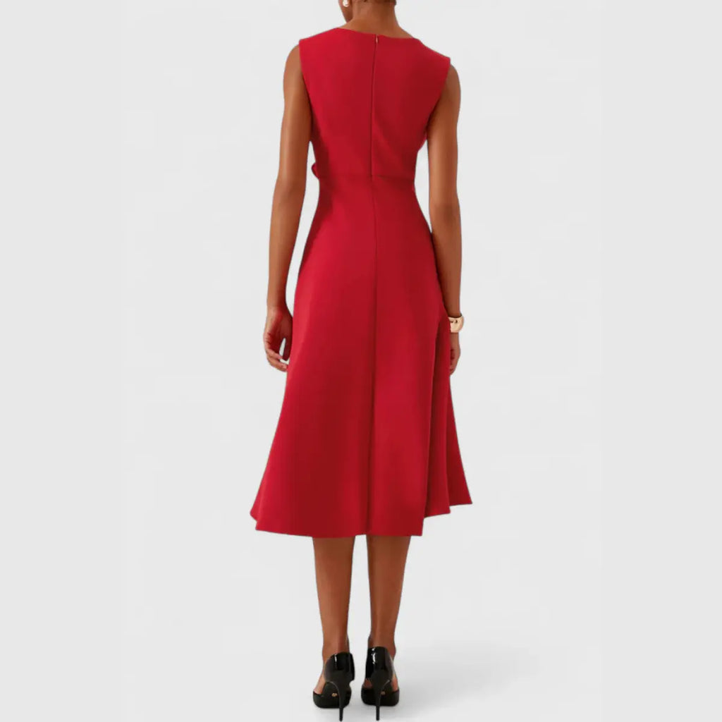 Oaklyn Asymmetric Ruffle Midi Dress – Boat Neck Sleeveless Formal Elegance oaklynwear