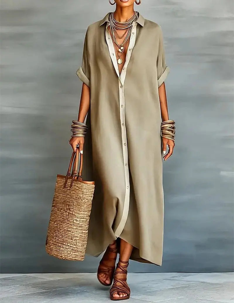 Nora™ | Women's Linen Shirt Midi Dress – Loose Fit Button-Down Dress with Pockets & Split Hem oaklynwear