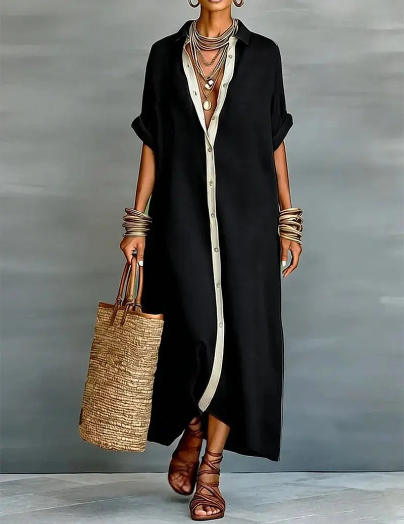 Nora™ | Women's Linen Shirt Midi Dress – Loose Fit Button-Down Dress with Pockets & Split Hem oaklynwear