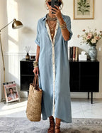 Nora™ | Women's Linen Shirt Midi Dress – Loose Fit Button-Down Dress with Pockets & Split Hem oaklynwear