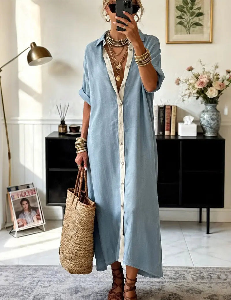 Nora™ | Women's Linen Shirt Midi Dress – Loose Fit Button-Down Dress with Pockets & Split Hem oaklynwear