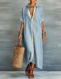 Nora™ | Women's Linen Shirt Midi Dress – Loose Fit Button-Down Dress with Pockets & Split Hem oaklynwear