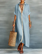 Nora™ | Women's Linen Shirt Midi Dress – Loose Fit Button-Down Dress with Pockets & Split Hem oaklynwear