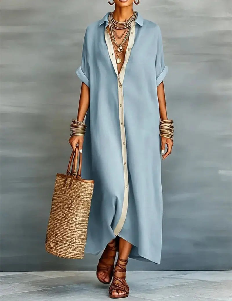 Nora™ | Women's Linen Shirt Midi Dress – Loose Fit Button-Down Dress with Pockets & Split Hem oaklynwear
