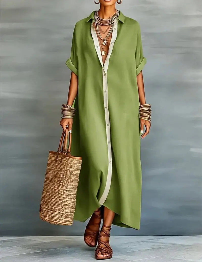 Nora™ | Women's Linen Shirt Midi Dress – Loose Fit Button-Down Dress with Pockets & Split Hem oaklynwear