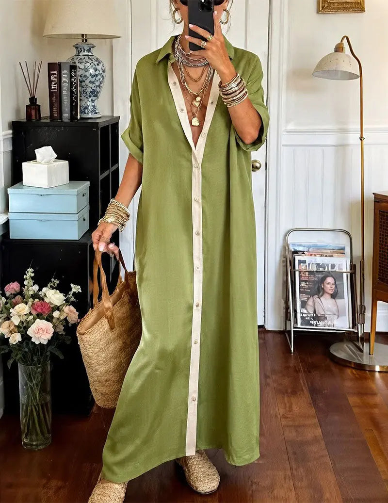 Nora™ | Women's Linen Shirt Midi Dress – Loose Fit Button-Down Dress with Pockets & Split Hem oaklynwear
