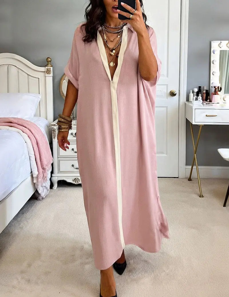 Nora™ | Women's Linen Shirt Midi Dress – Loose Fit Button-Down Dress with Pockets & Split Hem oaklynwear