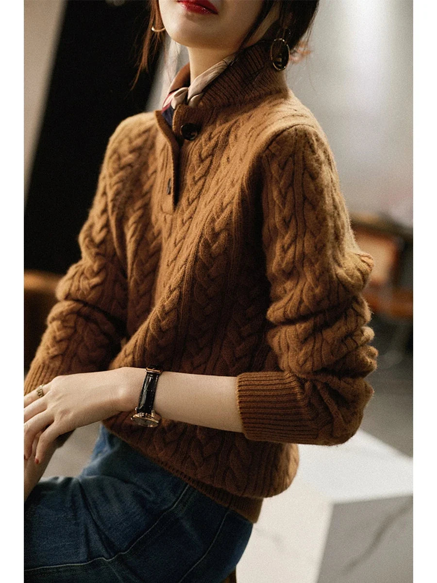 Ellie | Button-Up Cable Knit Sweater with Stand Collar, Cozy Winter Pullover oaklynwear