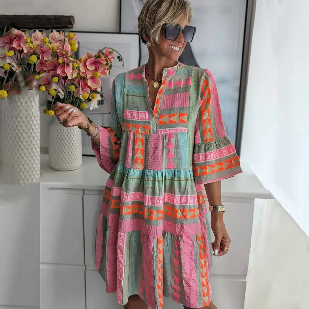 Oaklyn Aztec Geometric Tiered Midi Dress – Mandarin Collar 3/4 Flare Sleeve Boho Spring Style oaklynwear