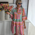Oaklyn Aztec Geometric Tiered Midi Dress – Mandarin Collar 3/4 Flare Sleeve Boho Spring Style oaklynwear
