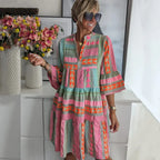 Oaklyn Aztec Geometric Tiered Midi Dress – Mandarin Collar 3/4 Flare Sleeve Boho Spring Style oaklynwear