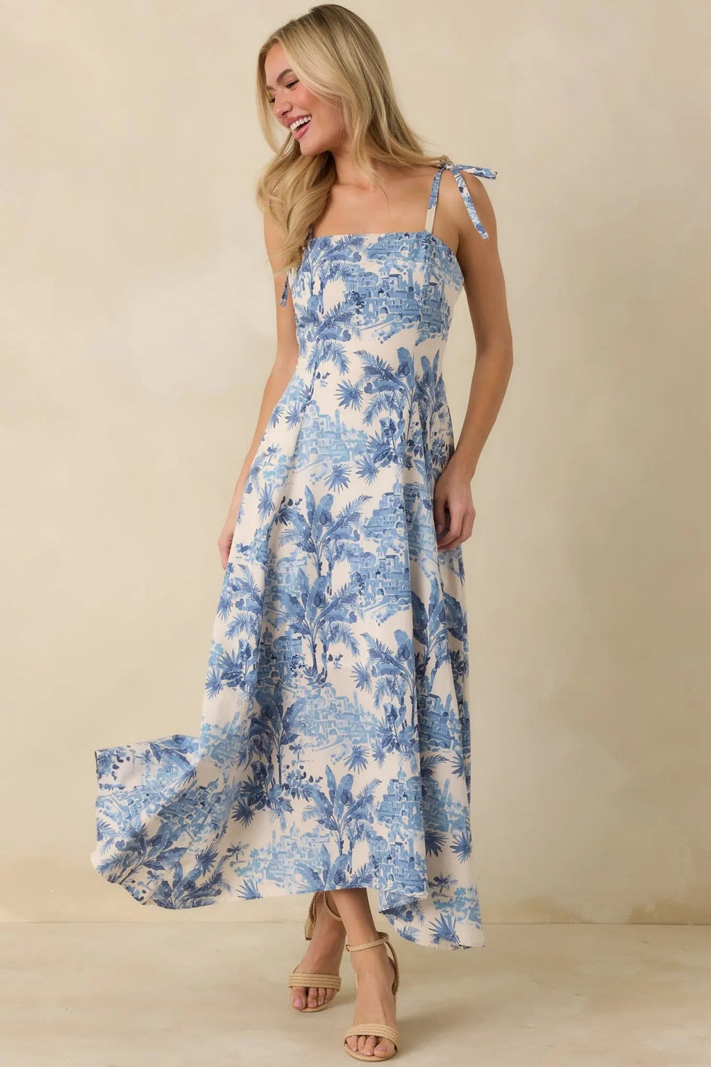Santorini Sketch Blue Palm Print Tie Strap Maxi Dress oaklynwear