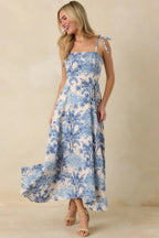 Santorini Sketch Blue Palm Print Tie Strap Maxi Dress oaklynwear