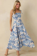 Santorini Sketch Blue Palm Print Tie Strap Maxi Dress oaklynwear
