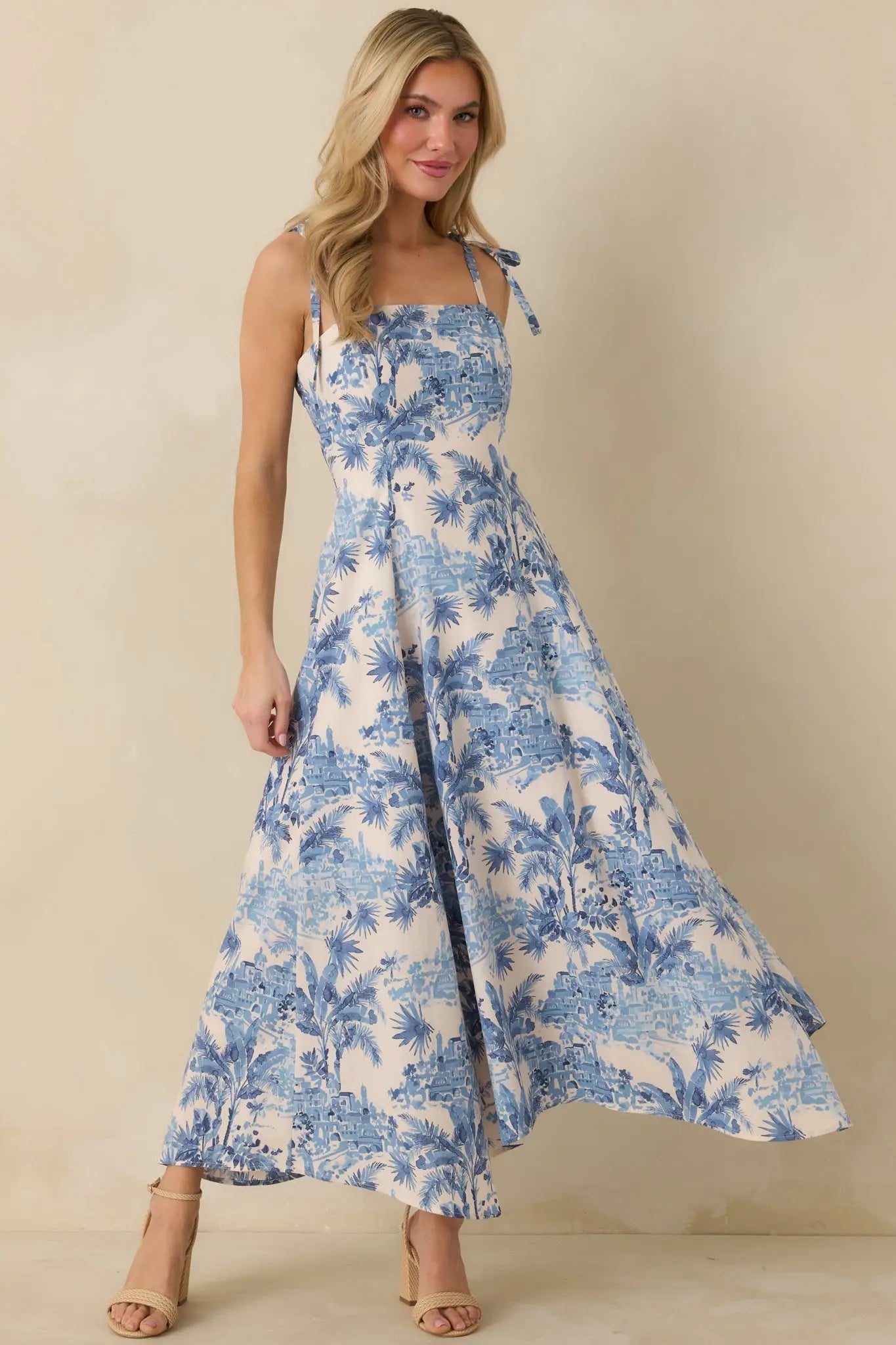 Santorini Sketch Blue Palm Print Tie Strap Maxi Dress oaklynwear