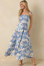 Santorini Sketch Blue Palm Print Tie Strap Maxi Dress oaklynwear