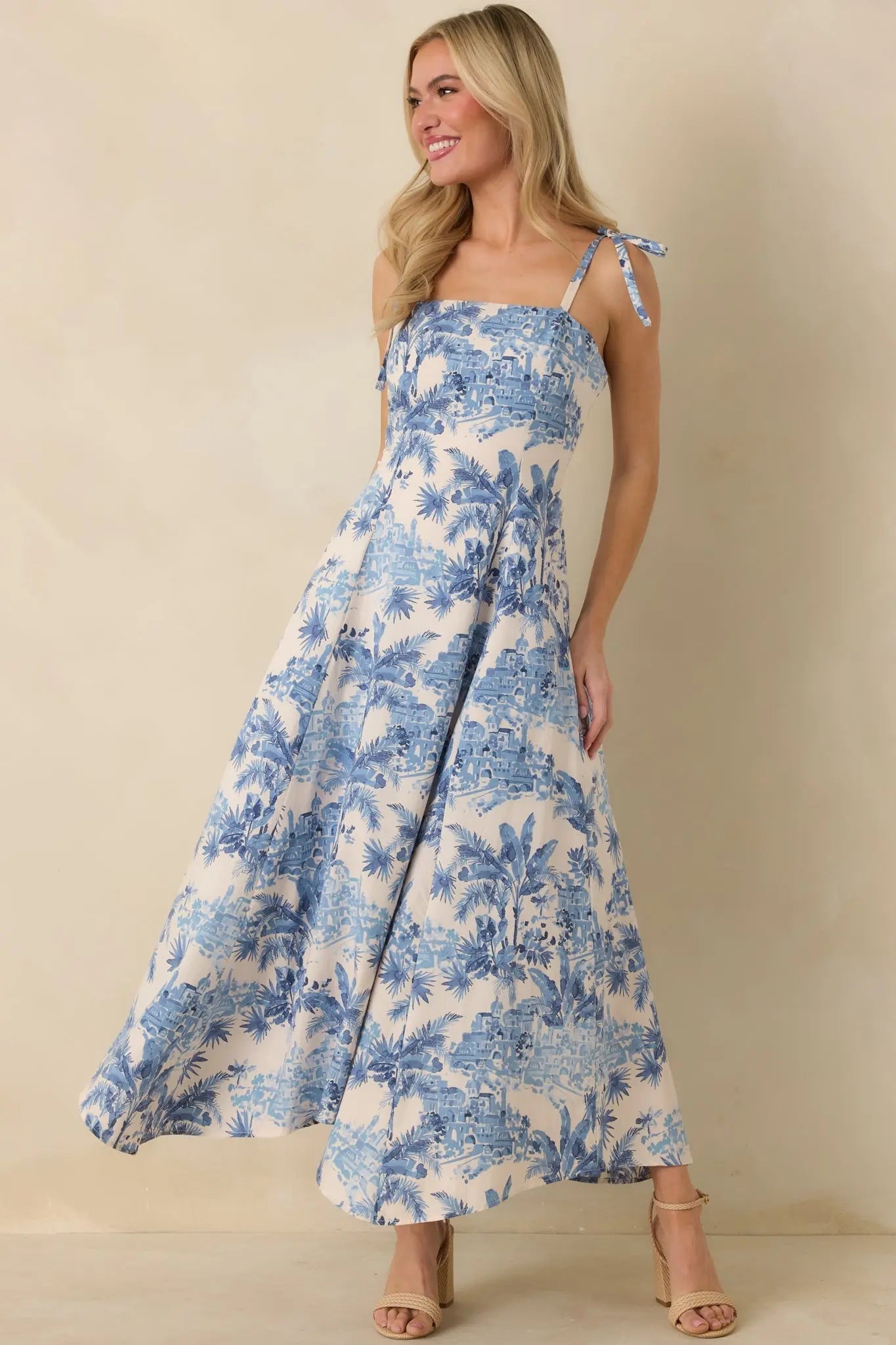 Santorini Sketch Blue Palm Print Tie Strap Maxi Dress oaklynwear