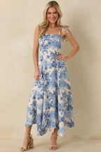 Santorini Sketch Blue Palm Print Tie Strap Maxi Dress oaklynwear