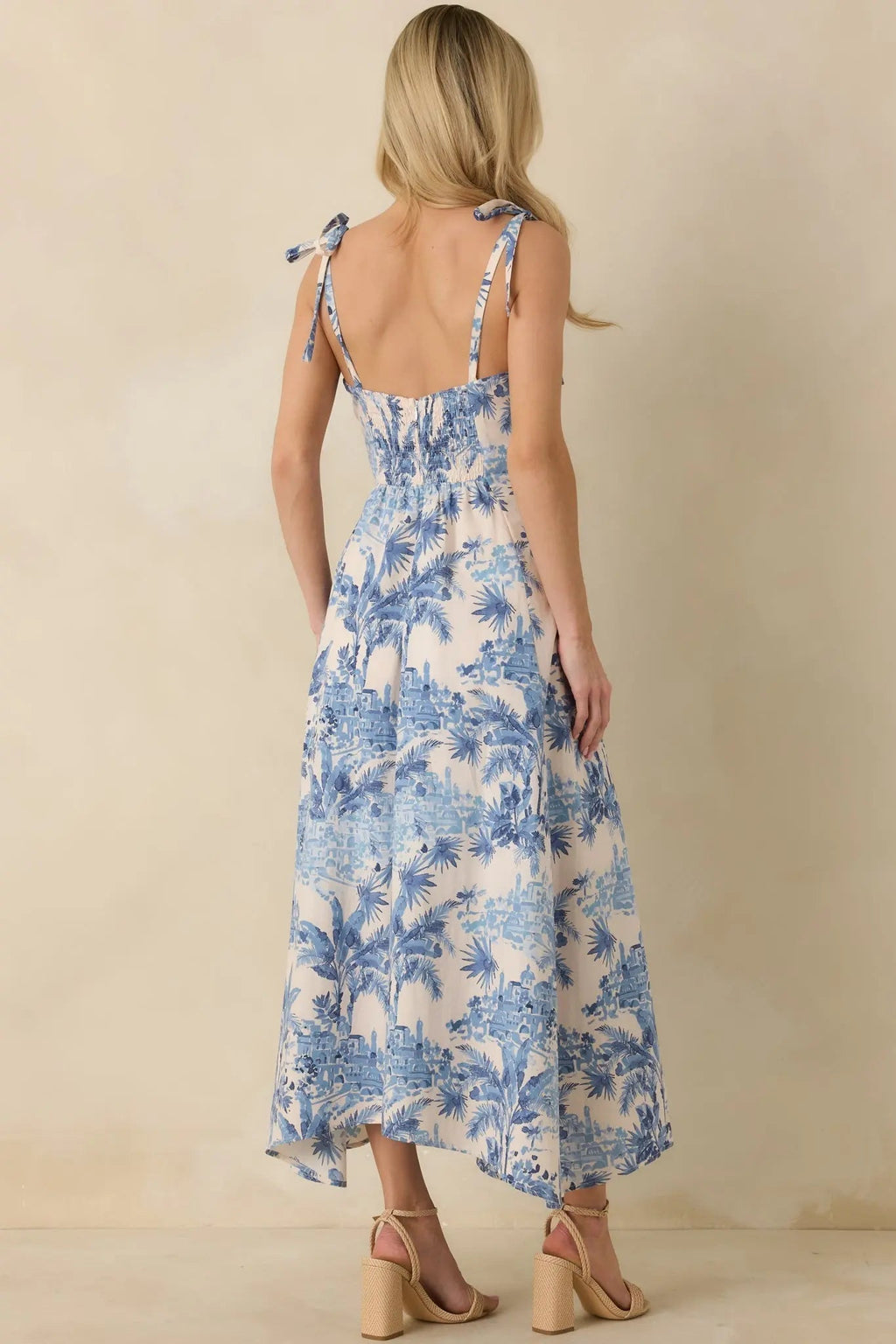 Santorini Sketch Blue Palm Print Tie Strap Maxi Dress oaklynwear