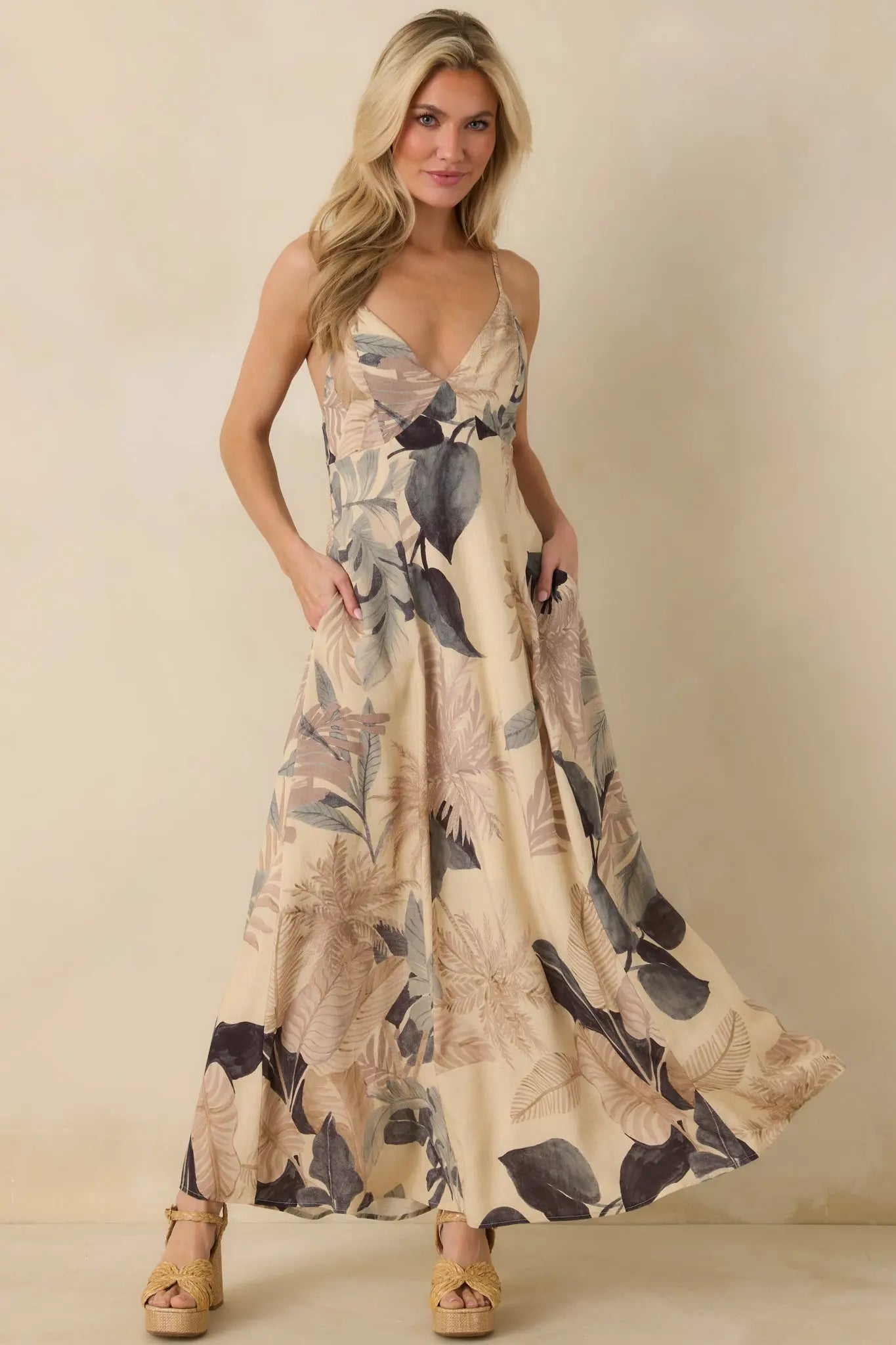 Say It Again Beige Multi Tropical Tie-Back Maxi Dress oaklynwear