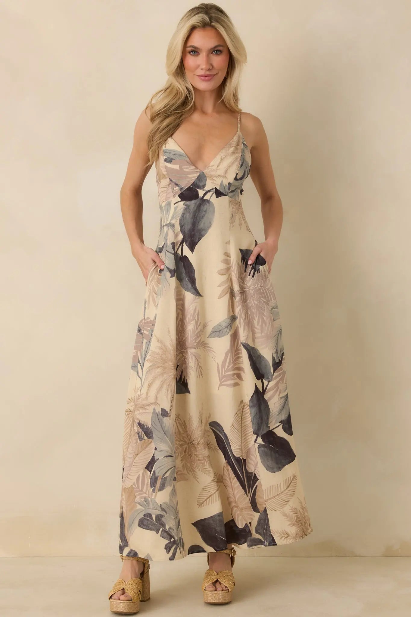 Say It Again Beige Multi Tropical Tie-Back Maxi Dress oaklynwear