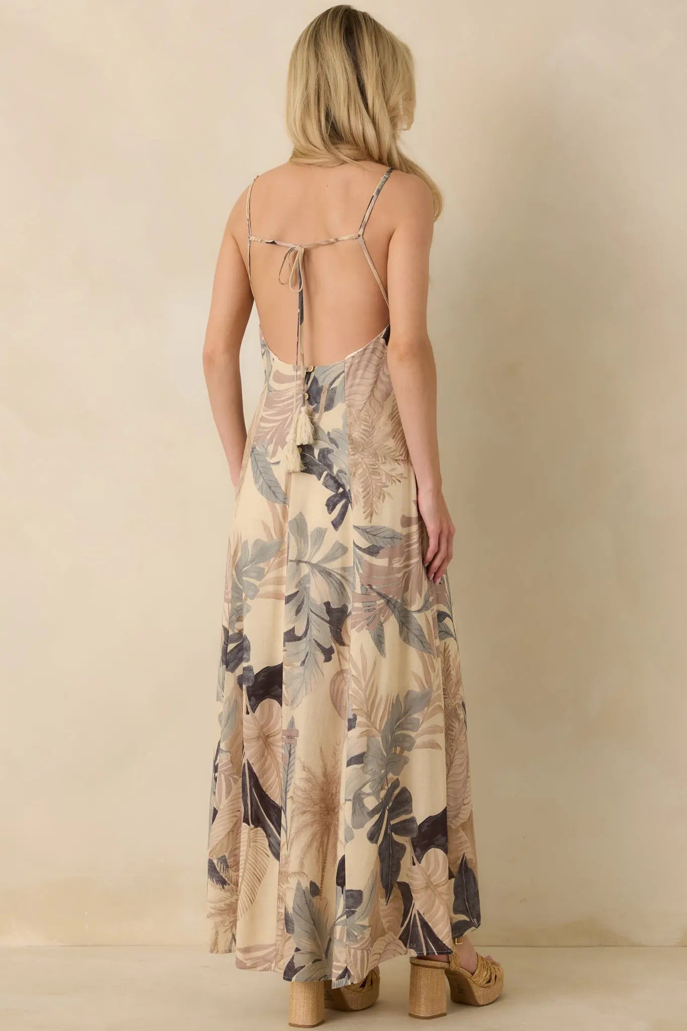 Say It Again Beige Multi Tropical Tie-Back Maxi Dress oaklynwear