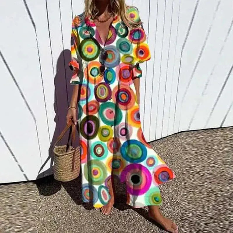 Oaklyn Abstract Painterly Floral Maxi Dress – V-Neck Button Placket Short Sleeve Tiered Boho Style oaklynwear
