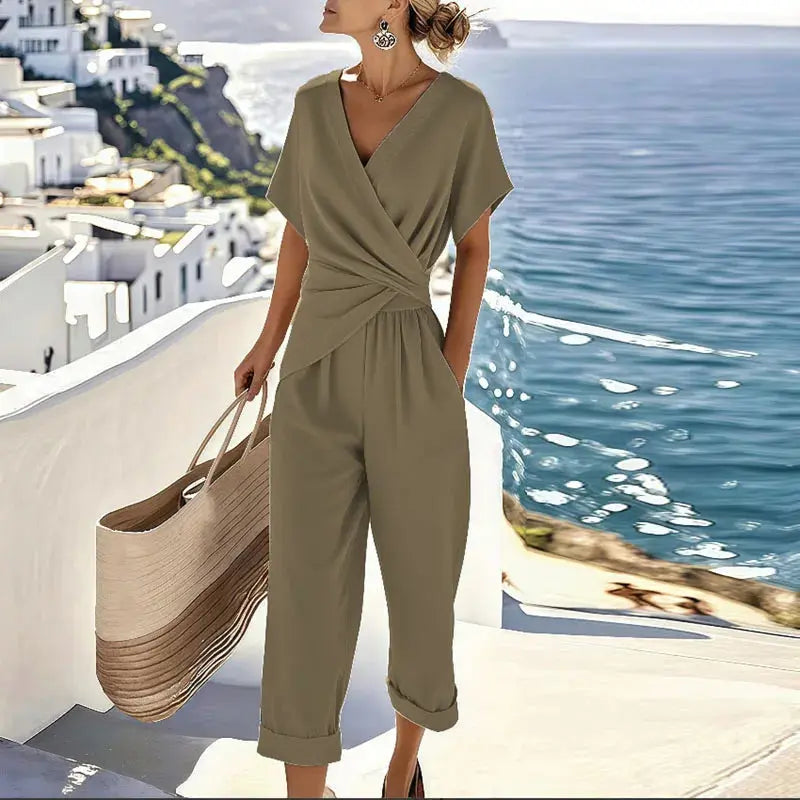 Women’s Two Piece Set – Wrap Top and Tailored Pants Matching Outfit Elegant Summer Set oaklynwear