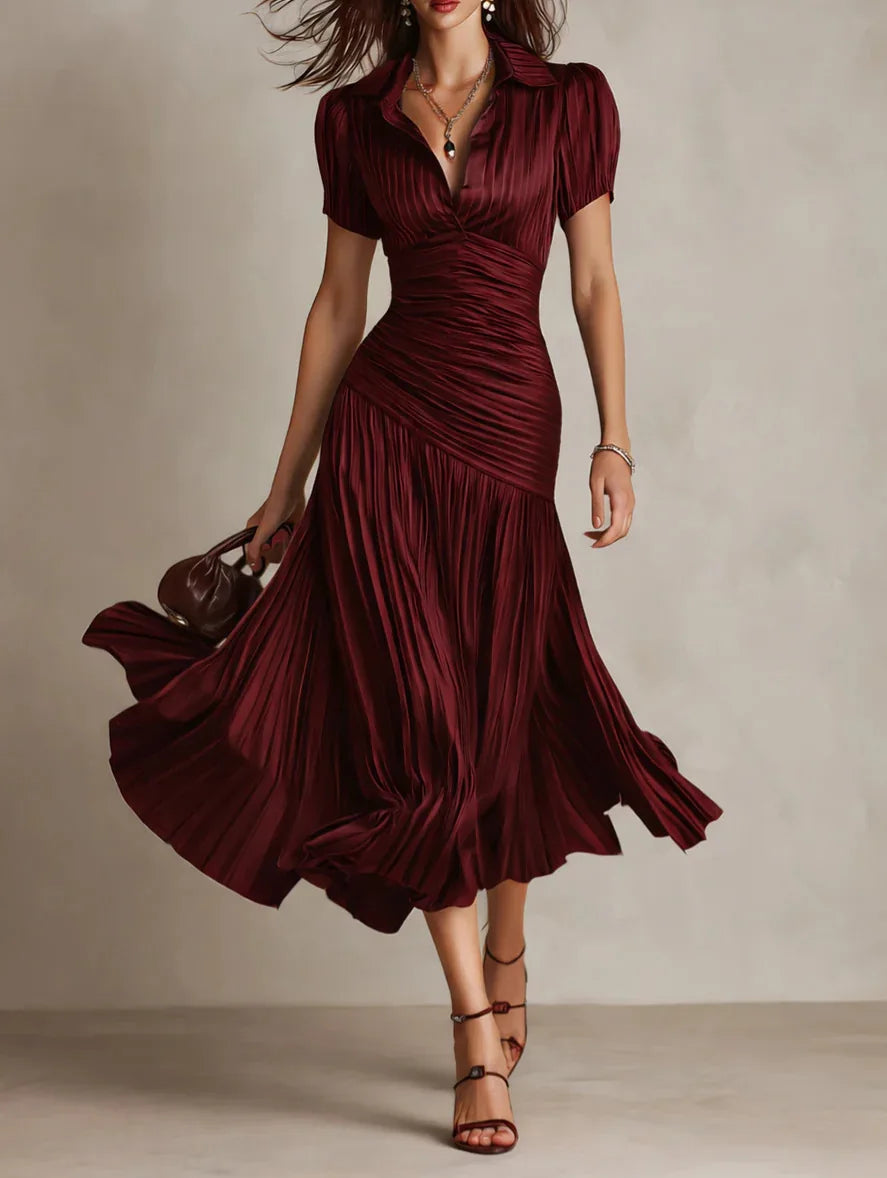 Monroe | Satin Pleated Lapel Midi Dress oaklynwear