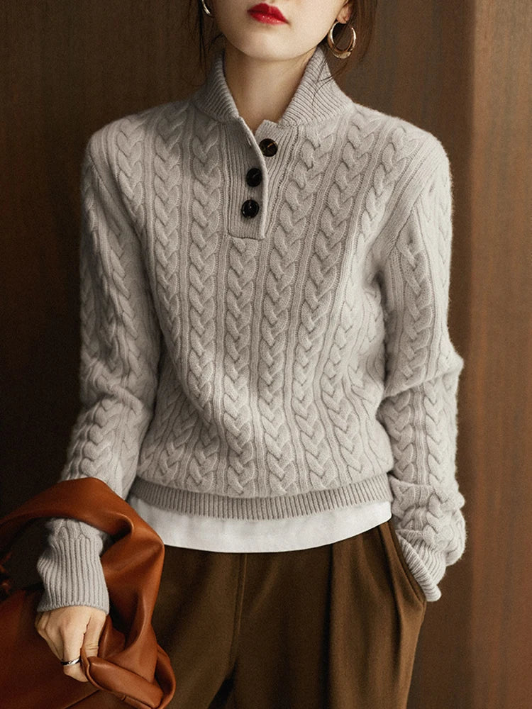Ellie | Button-Up Cable Knit Sweater with Stand Collar, Cozy Winter Pullover oaklynwear