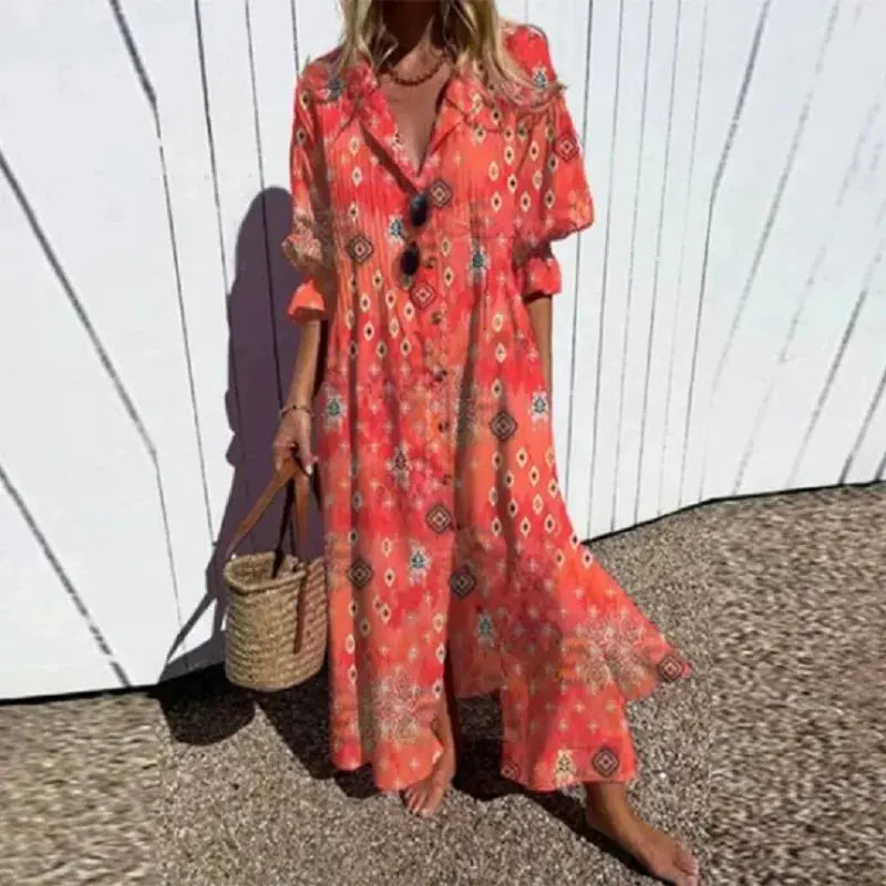 Oaklyn Abstract Painterly Floral Maxi Dress – V-Neck Button Placket Short Sleeve Tiered Boho Style oaklynwear