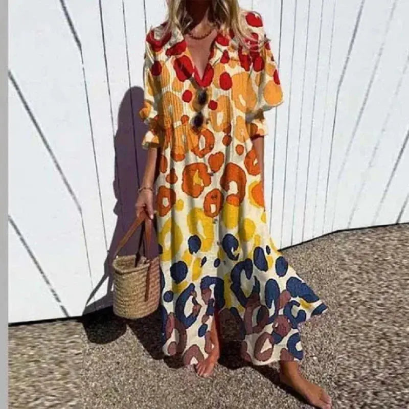 Oaklyn Abstract Painterly Floral Maxi Dress – V-Neck Button Placket Short Sleeve Tiered Boho Style oaklynwear