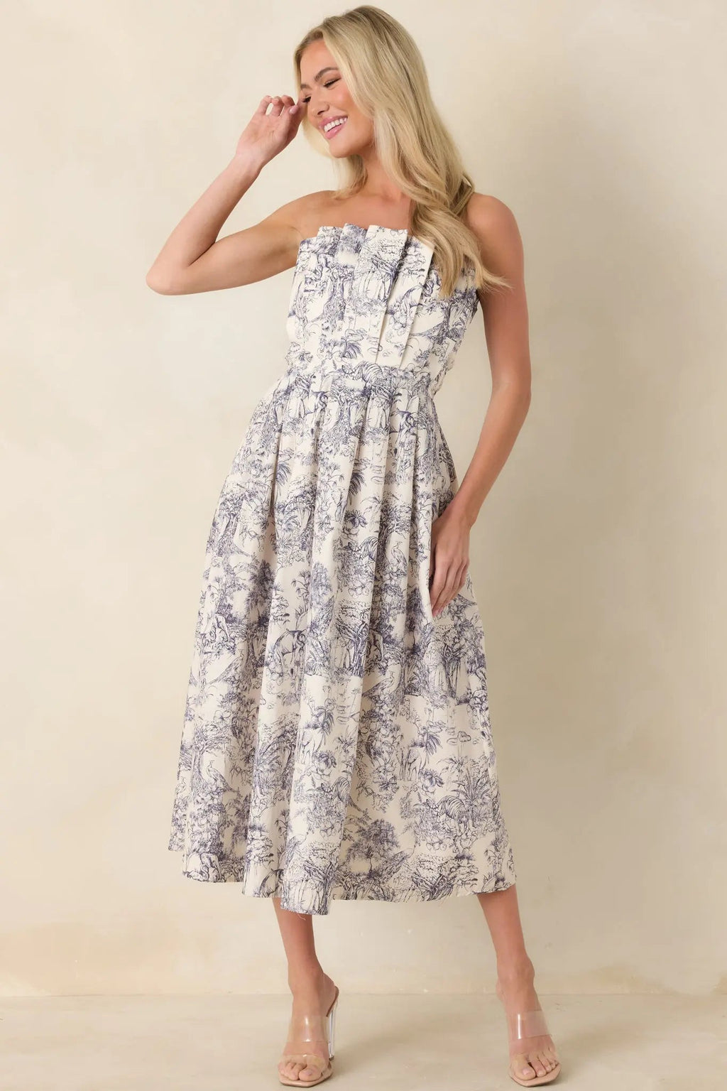 The Genevieve Cotton Navy Blue Toile Strapless Midi Dress oaklynwear
