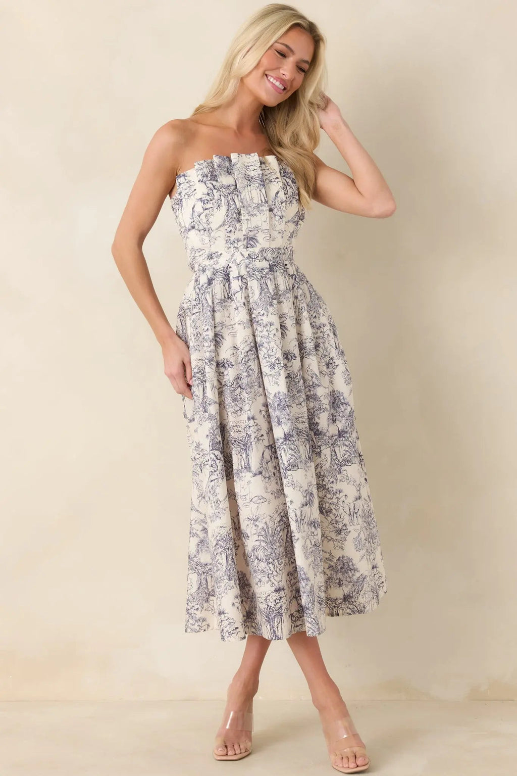 The Genevieve Cotton Navy Blue Toile Strapless Midi Dress oaklynwear