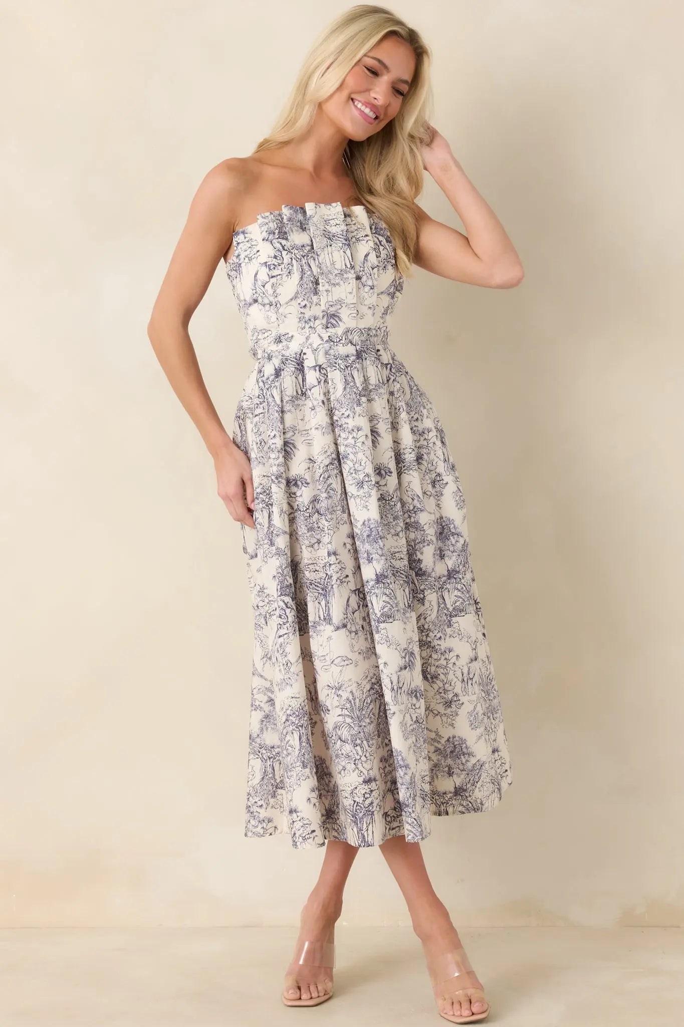 The Genevieve Cotton Navy Blue Toile Strapless Midi Dress oaklynwear