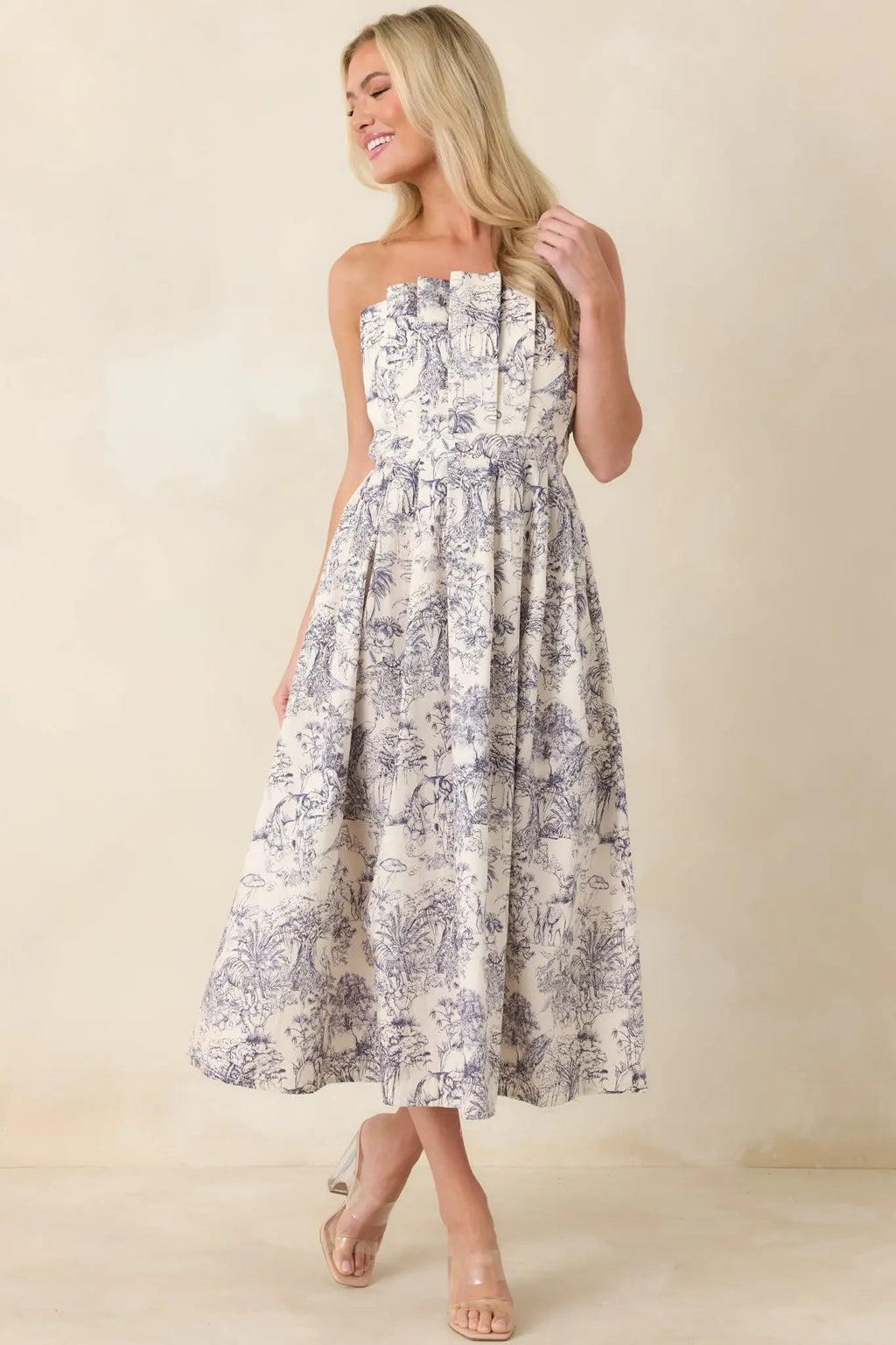 The Genevieve Cotton Navy Blue Toile Strapless Midi Dress oaklynwear
