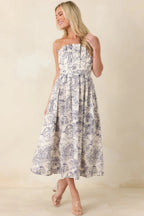 The Genevieve Cotton Navy Blue Toile Strapless Midi Dress oaklynwear