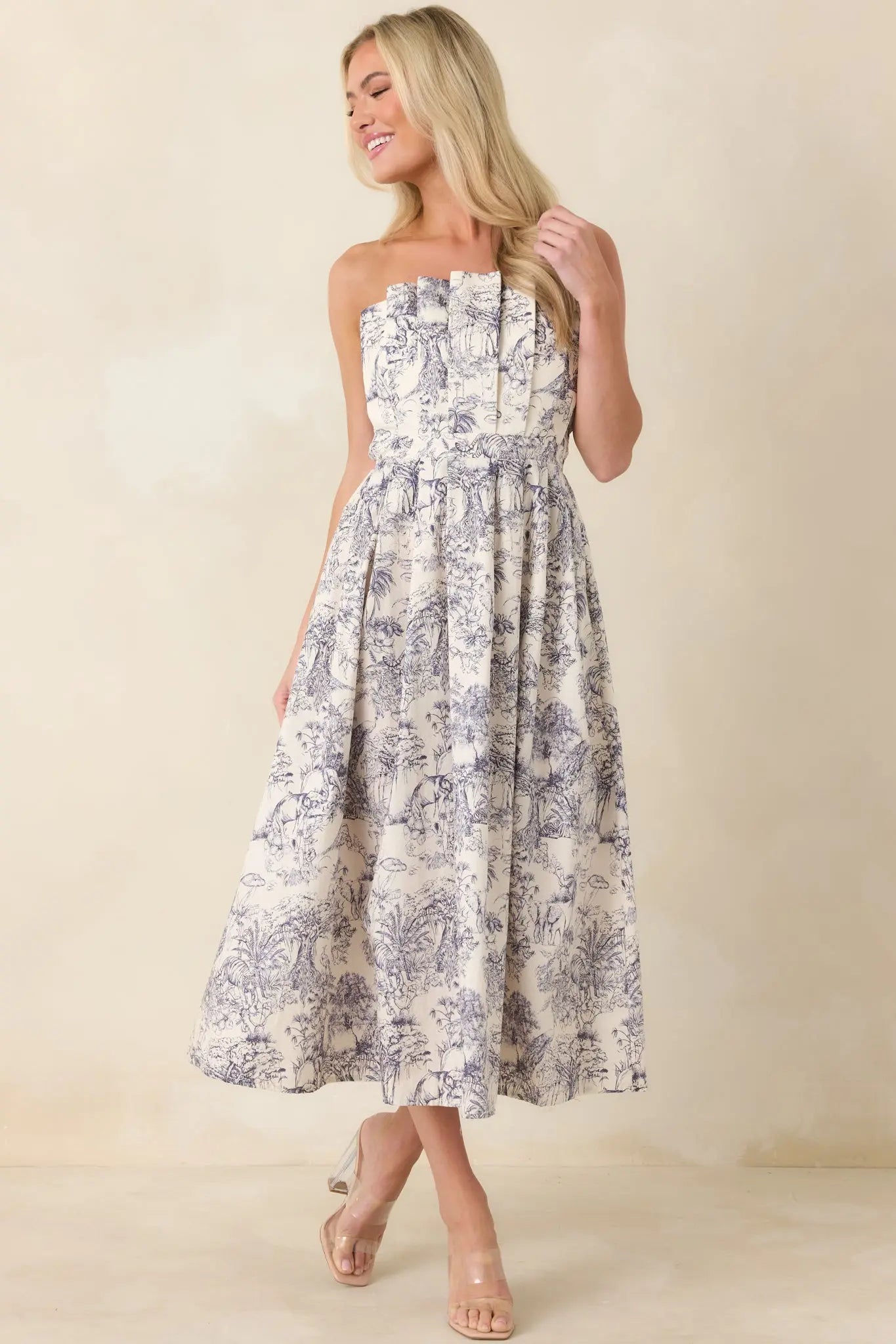 The Genevieve Cotton Navy Blue Toile Strapless Midi Dress oaklynwear