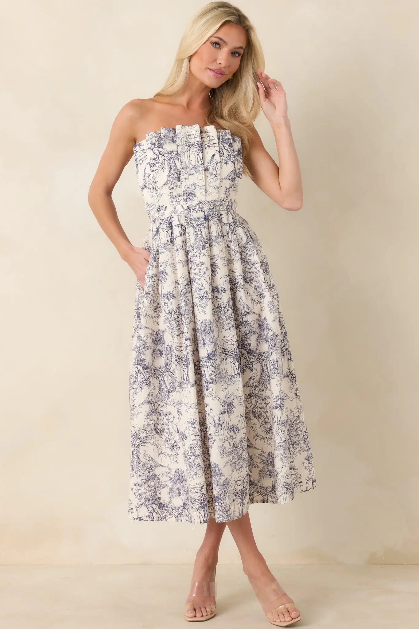 The Genevieve Cotton Navy Blue Toile Strapless Midi Dress oaklynwear