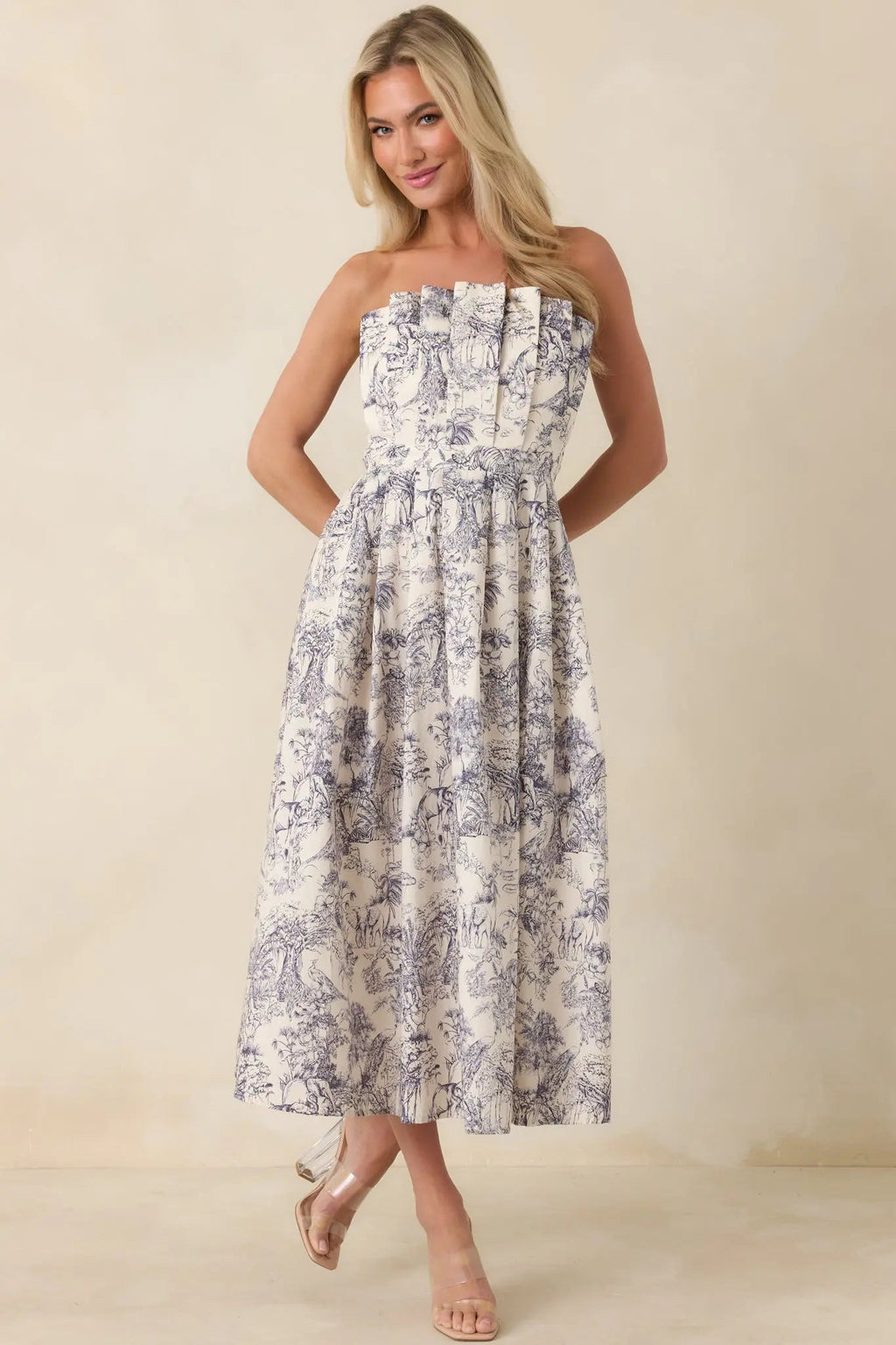 The Genevieve Cotton Navy Blue Toile Strapless Midi Dress oaklynwear
