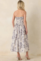 The Genevieve Cotton Navy Blue Toile Strapless Midi Dress oaklynwear