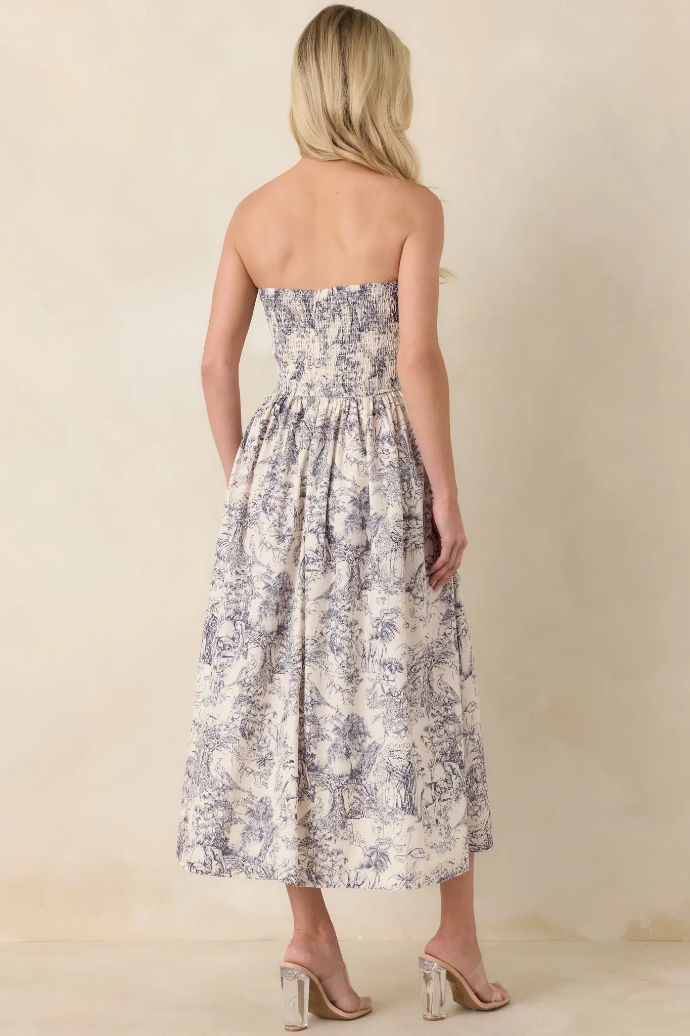 The Genevieve Cotton Navy Blue Toile Strapless Midi Dress oaklynwear