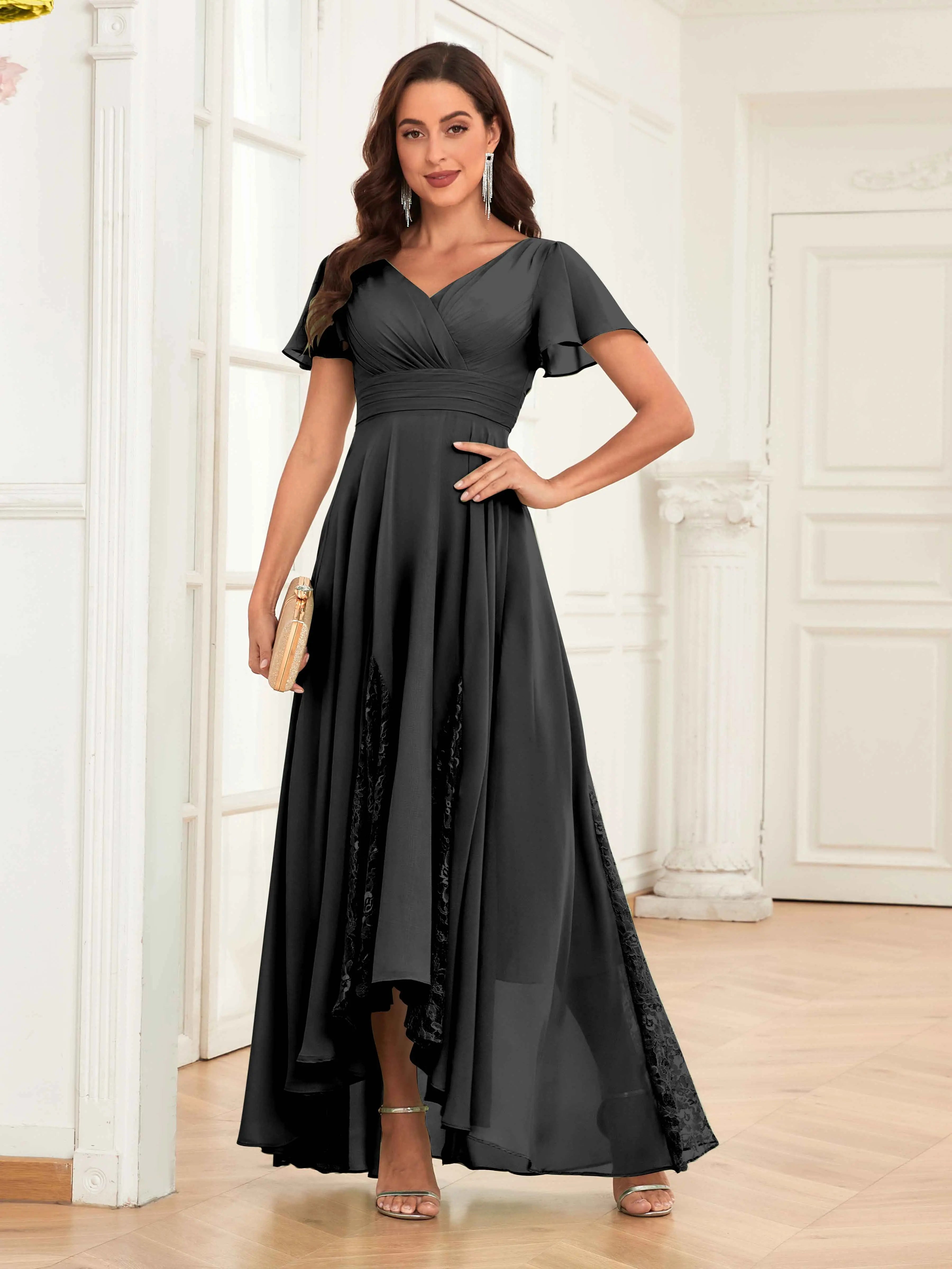 Mother of the Bride Chiffon Dress – Lace Ruched V-Neck High Low Formal Dress with Short Sleeves oaklynwear