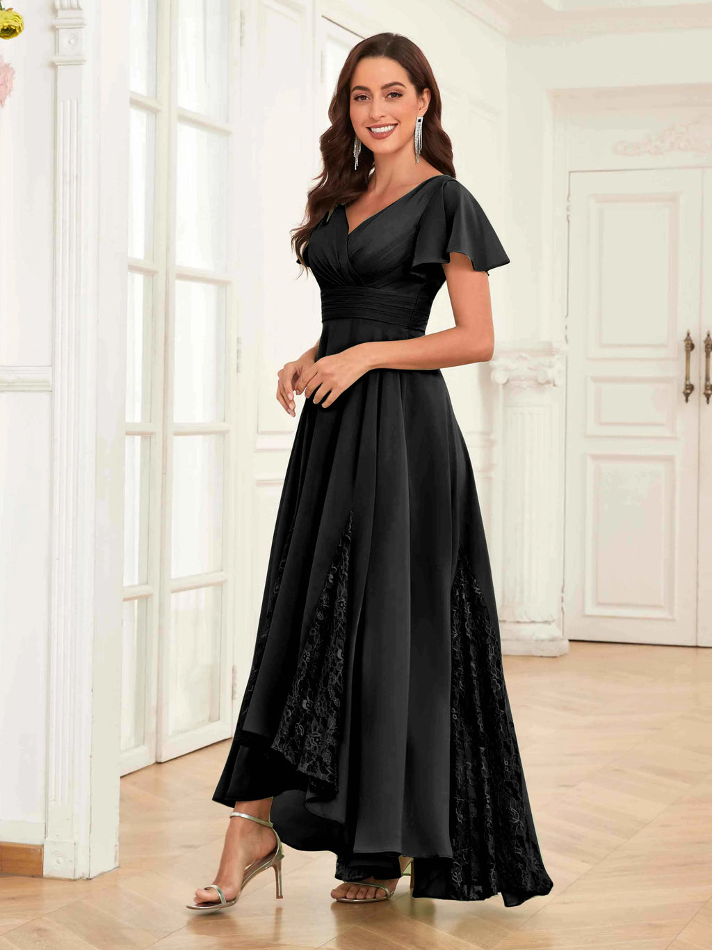 Mother of the Bride Chiffon Dress – Lace Ruched V-Neck High Low Formal Dress with Short Sleeves oaklynwear