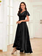 Mother of the Bride Chiffon Dress – Lace Ruched V-Neck High Low Formal Dress with Short Sleeves oaklynwear