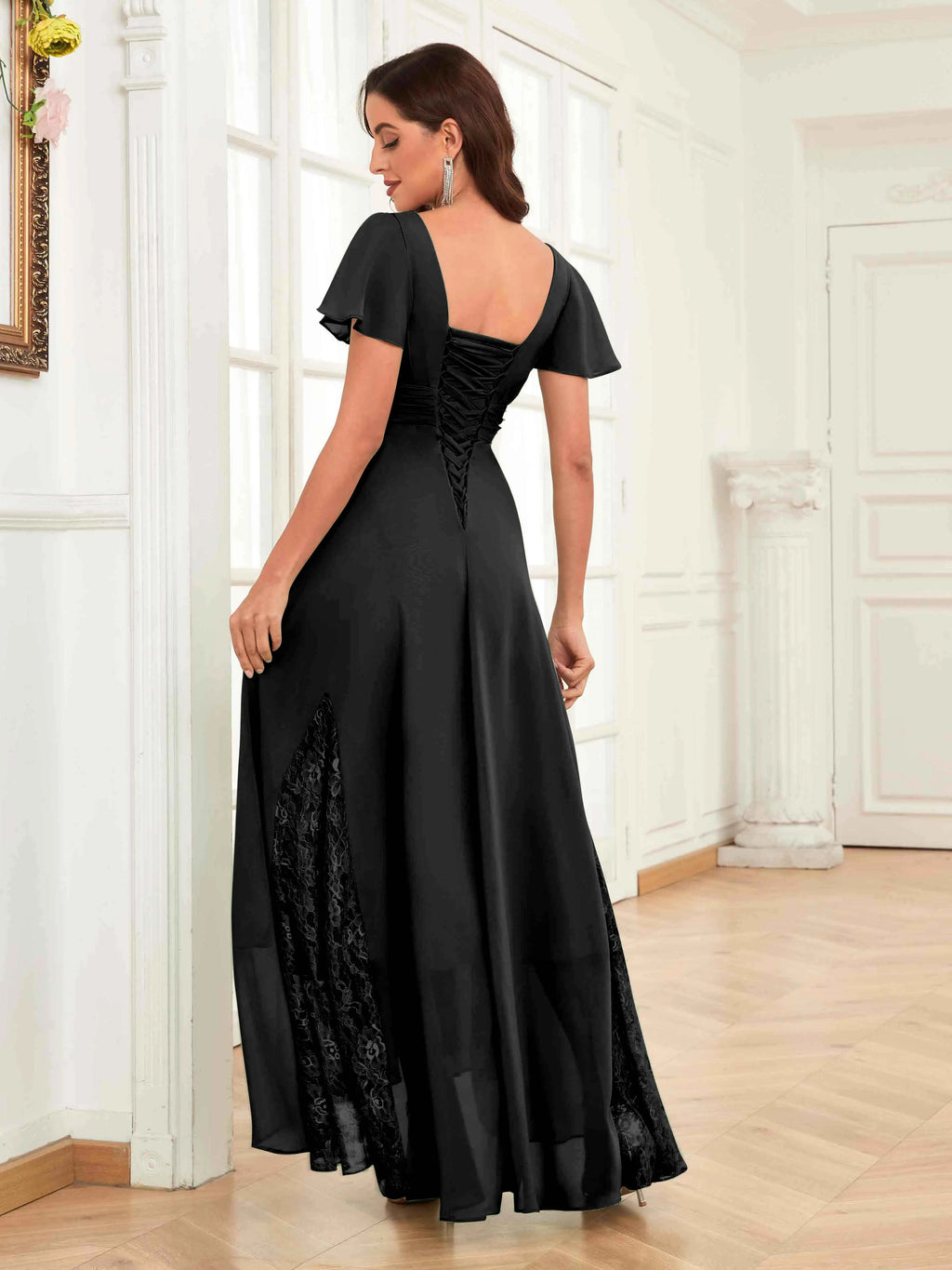 Mother of the Bride Chiffon Dress – Lace Ruched V-Neck High Low Formal Dress with Short Sleeves oaklynwear