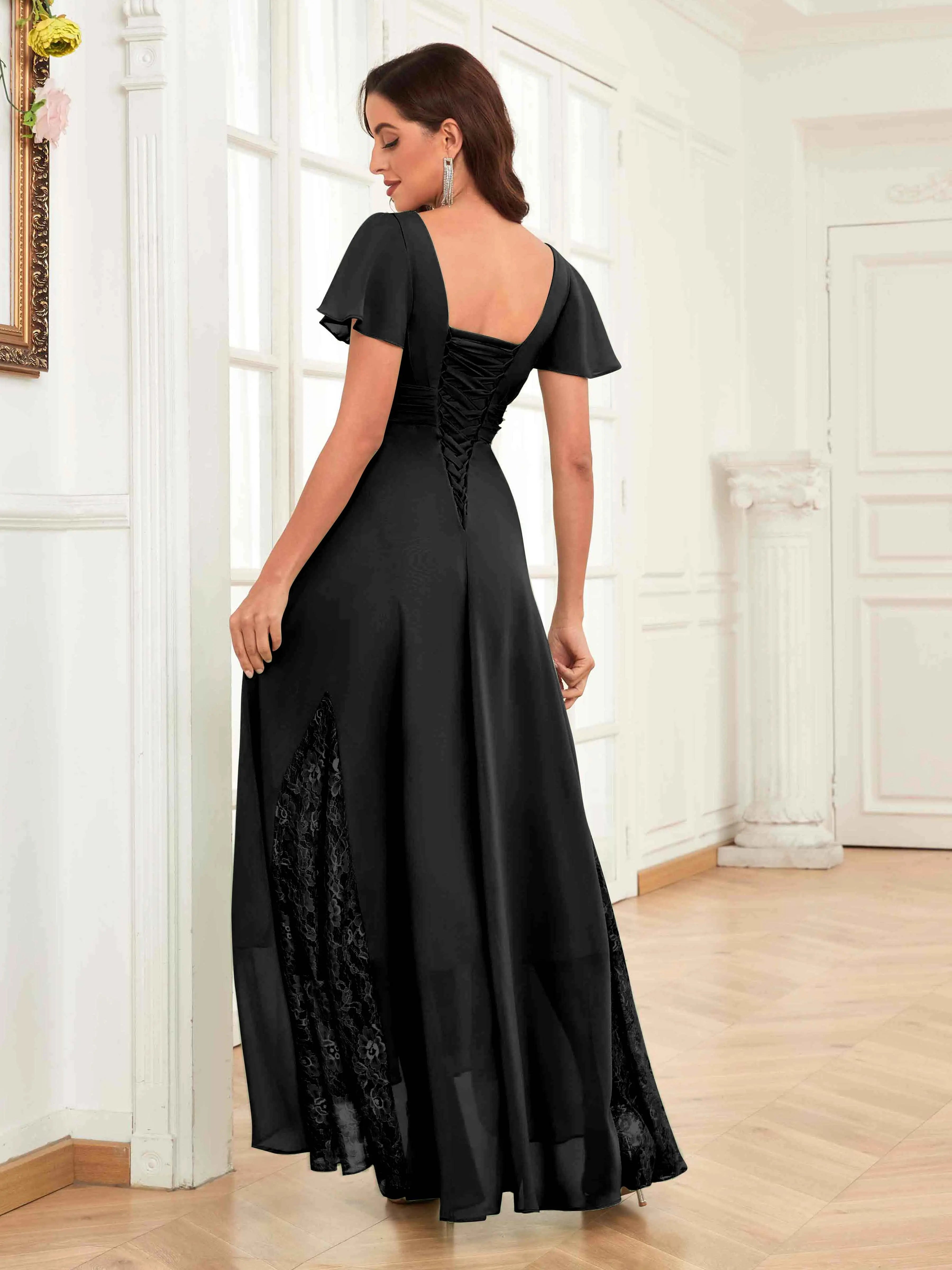 Mother of the Bride Chiffon Dress – Lace Ruched V-Neck High Low Formal Dress with Short Sleeves oaklynwear